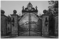 Entrance gate of the Breakers mansion at dusk. Newport, Rhode Island, USA ( black and white)