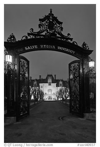 Entrance gate and Salve Regina University at night. Newport, Rhode Island, USA (black and white)