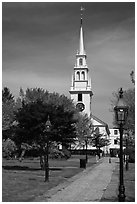 Park and white-steepled church. Newport, Rhode Island, USA ( black and white)
