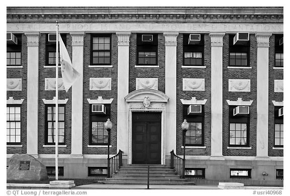 Historic building with inscriptions referring to Providence Plantations. Providence, Rhode Island, USA (black and white)