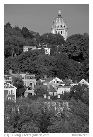 Forested hill, houses and dome. Providence, Rhode Island, USA