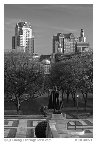 Statue of State House grounds and downtown buildings. Providence, Rhode Island, USA (black and white)