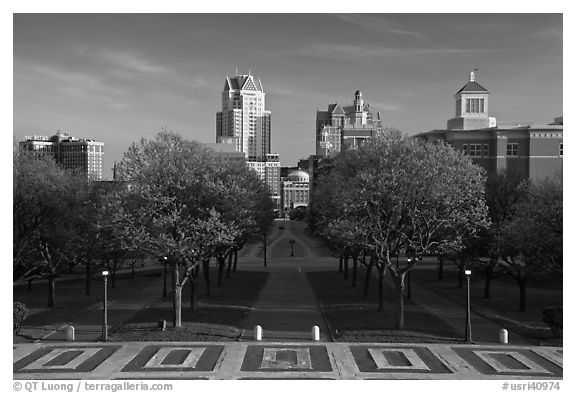 Gardens of State House and downtown high-rise buildings. Providence, Rhode Island, USA (black and white)