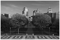 Gardens of State House and downtown high-rise buildings. Providence, Rhode Island, USA (black and white)