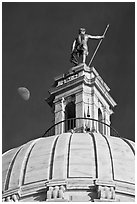 Moon, Dome and gold-covered bronze statue of Independent Man. Providence, Rhode Island, USA (black and white)