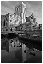 Downtown buildings reflected in Seekonk river. Providence, Rhode Island, USA (black and white)