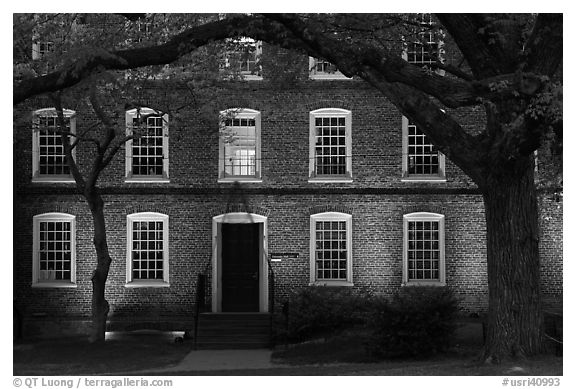 Tree and brick building at dusk, Brown University. Providence, Rhode Island, USA (black and white)
