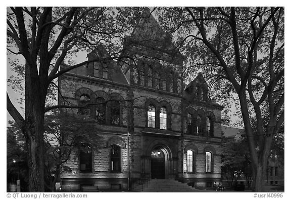 Sayles Hall framed by trees at dusk, Brown University. Providence, Rhode Island, USA (black and white)