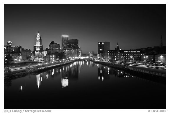 Downtown Providence reflected in Seekonk river at night. Providence, Rhode Island, USA