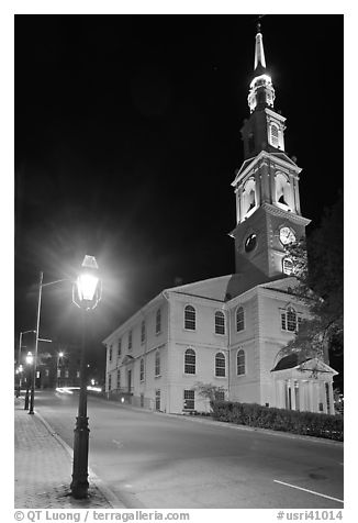 White-steppled Church and lamp at night. Providence, Rhode Island, USA (black and white)