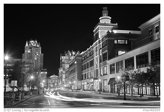 Street in downtown at night. Providence, Rhode Island, USA