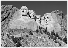 Monumental sculpture of US presidents carved in clif, Mount Rushmore National Memorial. South Dakota, USA (black and white)