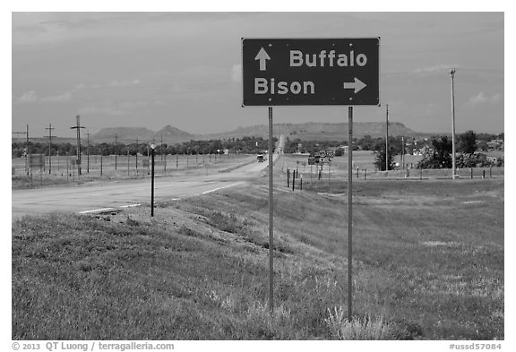 Sign pointing to Bison, Buffalo. South Dakota, USA