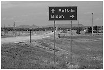 Sign pointing to Bison, Buffalo. South Dakota, USA (black and white)