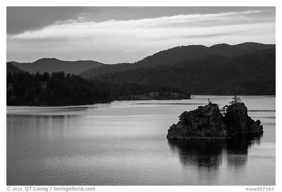 Islets in Pactola Reservoir. Black Hills, South Dakota, USA (black and white)