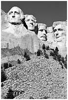 Faces of Four US Presidents carved in stone, Mt Rushmore National Memorial. South Dakota, USA (black and white)