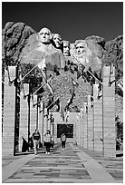 Alley of the Flags, with flags from each of the 50 US states, Mount Rushmore National Memorial. South Dakota, USA ( black and white)