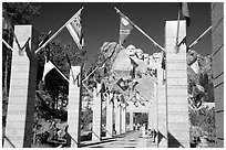 Alley of the Flags, with flags from each of the 50 US states, Mt Rushmore National Memorial. South Dakota, USA ( black and white)