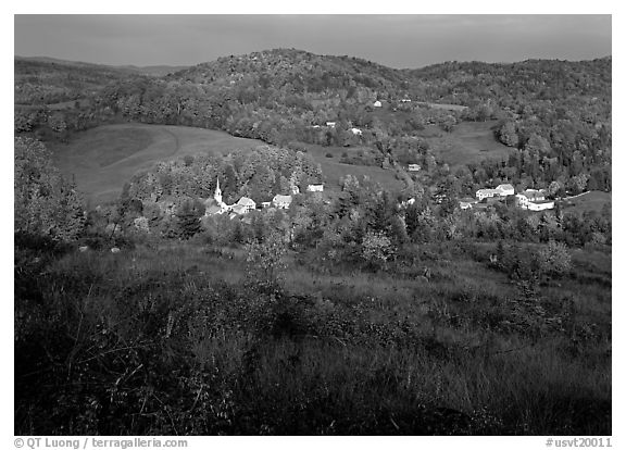 Village of East Corinth surrounded by fall colors, early morning. Vermont, New England, USA (black and white)