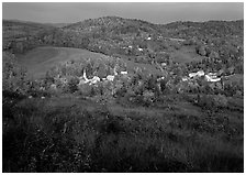 Village of East Corinth surrounded by fall colors, early morning. Vermont, New England, USA (black and white)