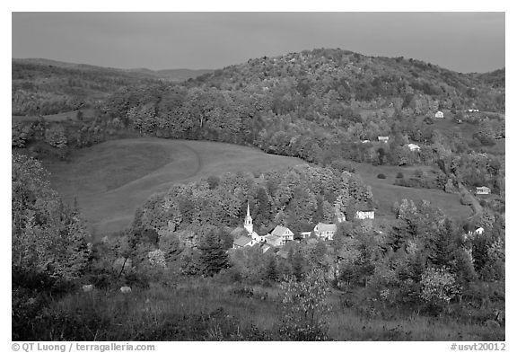 Village of East Corinth surrounded by fall colors, early morning. Vermont, New England, USA (black and white)