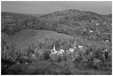 Village of East Corinth surrounded by fall colors, early morning. Vermont, New England, USA ( black and white)