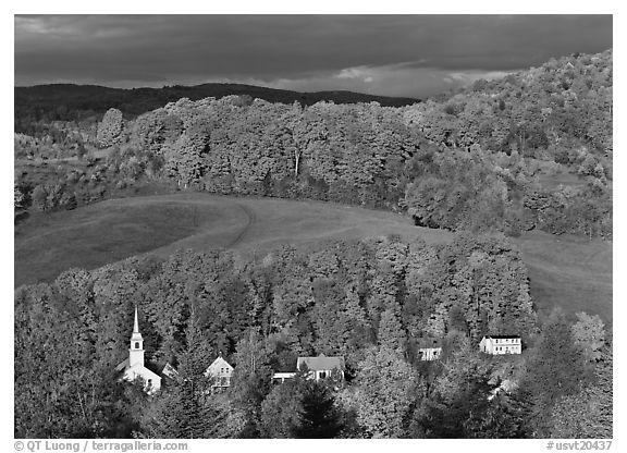 East Corinth village amongst trees in autumn color. Vermont, New England, USA