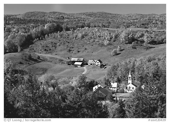 Church and farm in fall, East Corinth. Vermont, New England, USA (black and white)