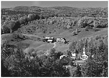 Church and farm in fall, East Corinth. Vermont, New England, USA ( black and white)