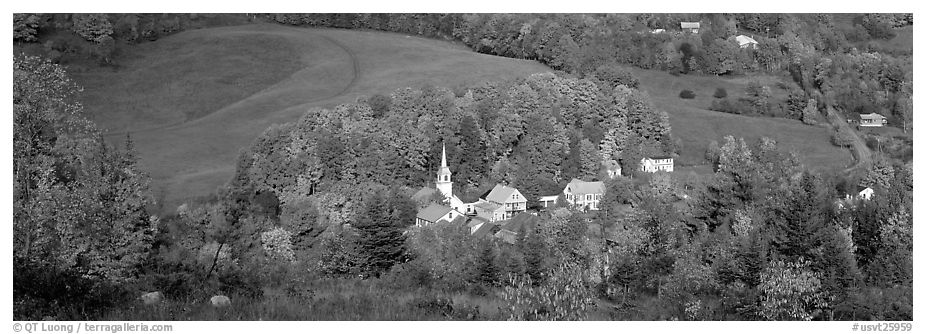 Vermont Village and hill in autumn, East Corithn. Vermont, New England, USA (black and white)