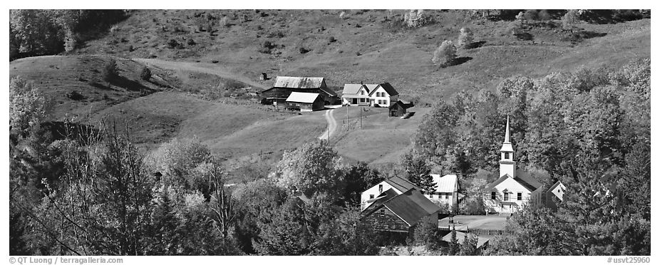Rural landscape with village and fall colors, East Corithn. Vermont, New England, USA (black and white)