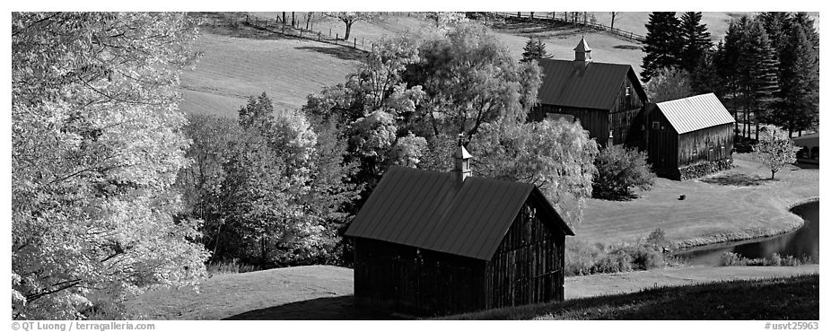 Pastoral barn scenery in autumn. Vermont, New England, USA (black and white)