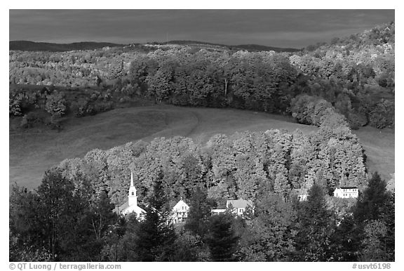 Church and houses in fall, East Corinth. Vermont, New England, USA (black and white)