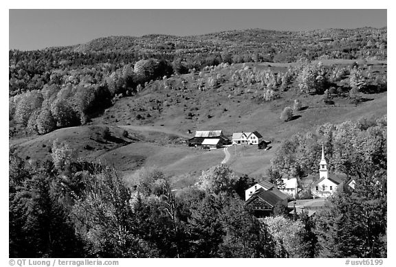 Church and farm in fall, East Corinth. Vermont, New England, USA (black and white)