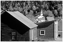 Red barn and East Topsham village in fall. Vermont, New England, USA (black and white)