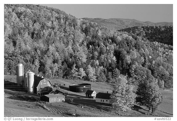 Farm surrounded by hills in fall foliage. Vermont, New England, USA