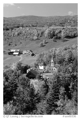 Church and farm,  East Corinth. Vermont, New England, USA (black and white)