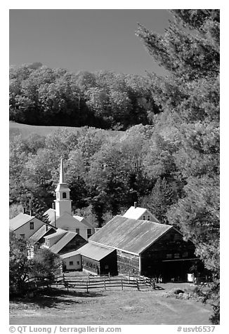 Church and barn,  East Corinth. Vermont, New England, USA (black and white)