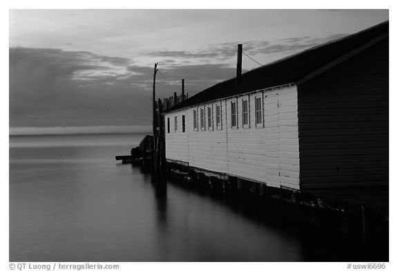 Wharf building in Lake Superior at dusk, Apostle Islands National Lakeshore. Wisconsin, USA