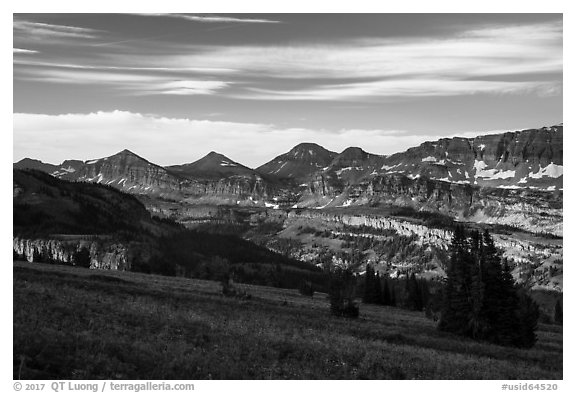 Meadows and mountains, Face Trail. Jedediah Smith Wilderness,  Caribou-Targhee National Forest, Idaho, USA (black and white)