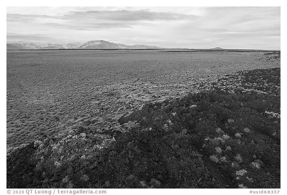 Aerial view of Little Park higher land surrouned by lava. Craters of the Moon National Monument and Preserve, Idaho, USA (black and white)