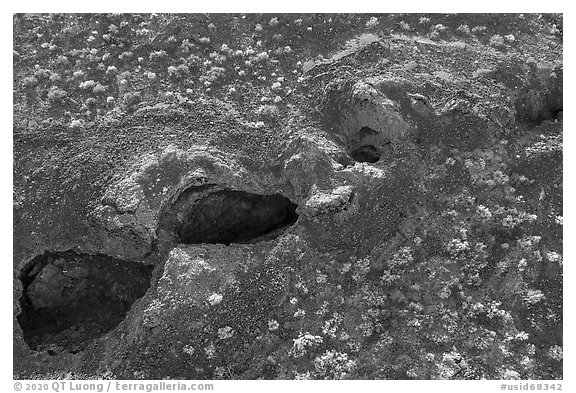 Aerial view of Kings Bowl. Craters of the Moon National Monument and Preserve, Idaho, USA (black and white)