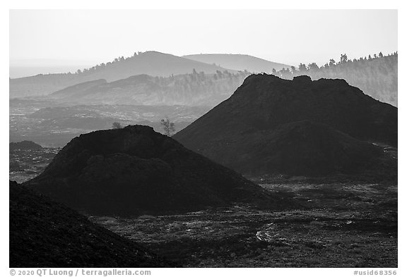 Backlit spatter cones. Craters of the Moon National Monument and Preserve, Idaho, USA (black and white)