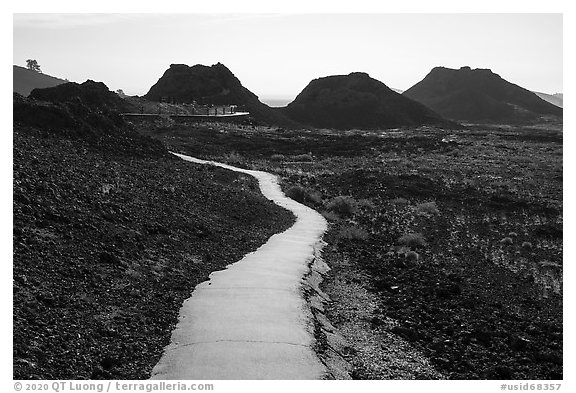 Trail and spatter cones. Craters of the Moon National Monument and Preserve, Idaho, USA (black and white)