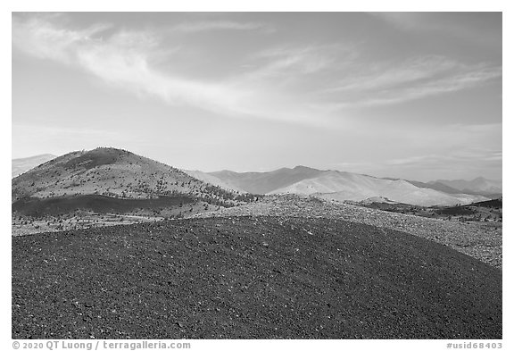 North Laidlaw Butte from Echo Crater. Craters of the Moon National Monument and Preserve, Idaho, USA (black and white)