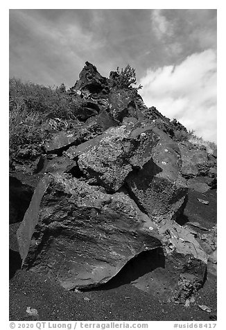 Basalt rocks with lichen. Craters of the Moon National Monument and Preserve, Idaho, USA (black and white)
