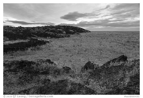 Laidlaw Kipuka from Lava Point at sunrise. Craters of the Moon National Monument and Preserve, Idaho, USA (black and white)