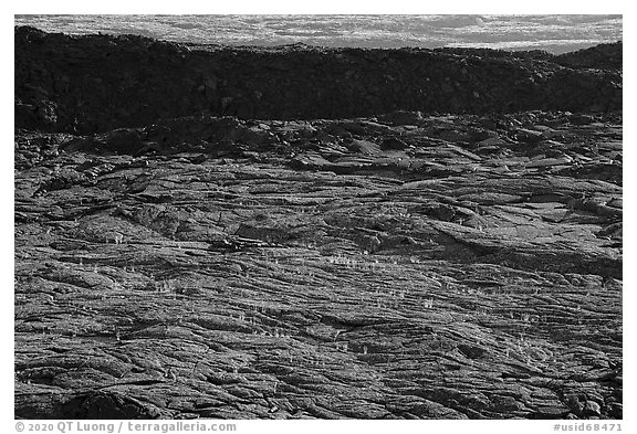 Former lava lake in crater, Pilar Butte. Craters of the Moon National Monument and Preserve, Idaho, USA (black and white)