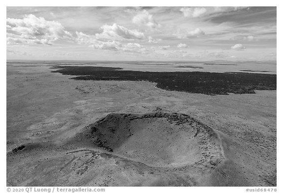 Aerial view of Bear Den Butte and Grassy Lava Flow. Craters of the Moon National Monument and Preserve, Idaho, USA (black and white)