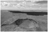 Aerial view of Bear Den Butte and Grassy Lava Flow. Craters of the Moon National Monument and Preserve, Idaho, USA ( black and white)
